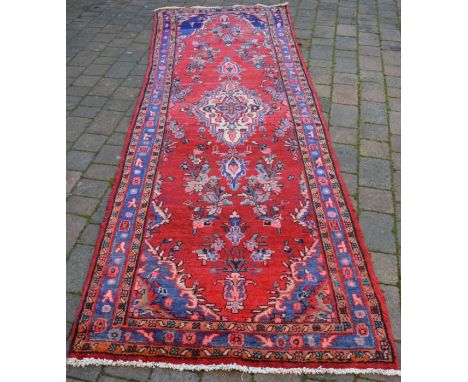 Red ground Persian Hamadan runner carpet 315cm by 108cm