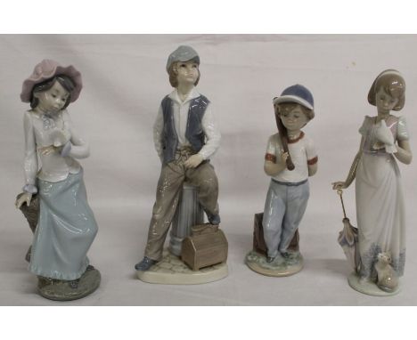 2 Lladro Collectors Society figures - Baseball Player &amp; Girl with Dove and Parasol and 2 Nao figurines