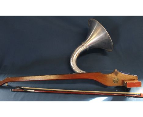 Phonofiddle with aluminium horn and bone peg / inlay, made by A W Howson London with bow