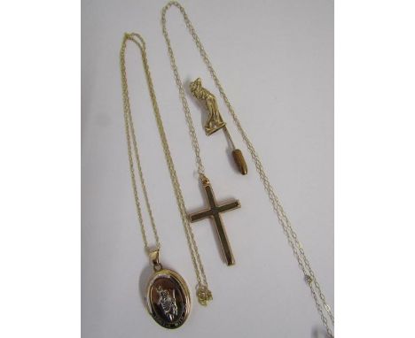 9ct gold "My Love Travels With You" locket on chain, 9ct hollow cross on chain &amp; 9ct gold golfer stick pin 5.4g