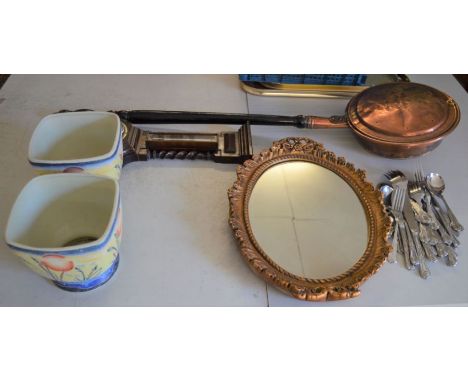 Copper warming pan, small barometer, mirror, pair of vases &amp; cutlery