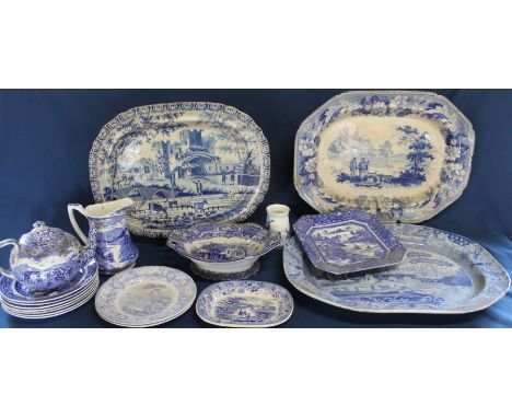 3 Victorian blue and white meat plates including Castle Pattern Gate of Sebastian &amp; The Villagers Heath and further blue 