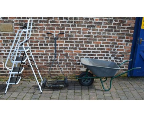 Push mower, step ladder &amp; a wheel barrow&nbsp;