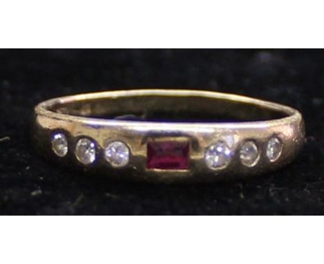 18ct gold, ruby &amp; diamond chip ring marked 750, 2.01g, size N