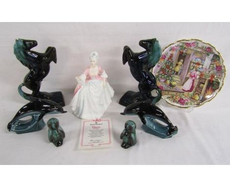 Poole blue and black horses, dolphins and owls, Royal Doulton 'Diana' and Royal Albert 'Christmas Treats' plate