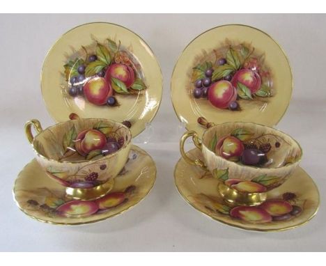 Aynsley Orchard Gold crimped edge pair of cup and saucers signed N Brunt and 2 side plates signed D Jones
