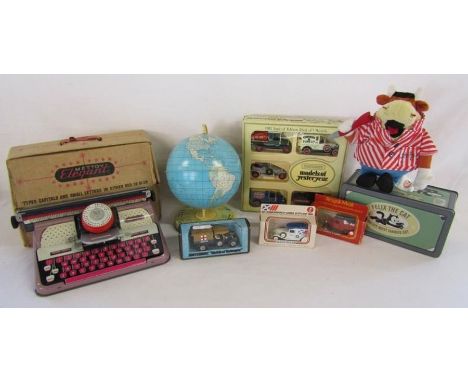 Collection of toys to include boxed Mettoy Elegant tin plate typewriter, Chad Valley tin plate world globe, Halsall Bullseye 