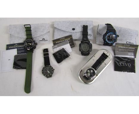 Collection of watches includes Megalith, Swiss Army, Urban Spirit, Civo 1258 and 1155