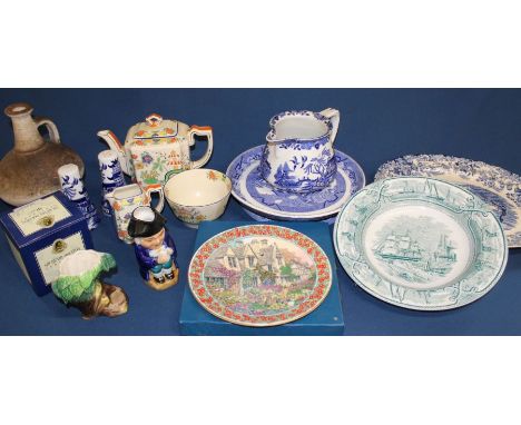 Willow pattern cheese stand, Burleigh Ware Willow jug, Royal Worcester Cottage Garden plate, Mason's teapot, sugar bowl &amp;