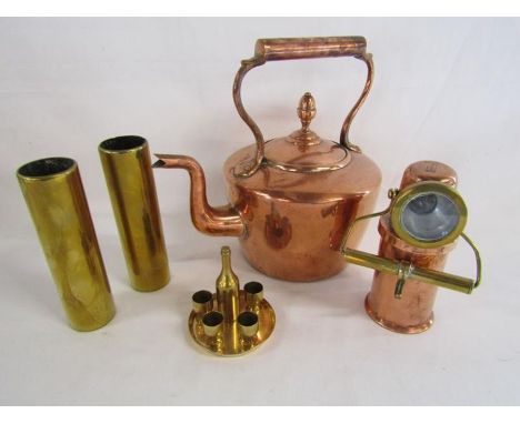 Collection of copper and brass including copper kettle, miniature brass wine bottle and tray and a stamped CEAG copper and br