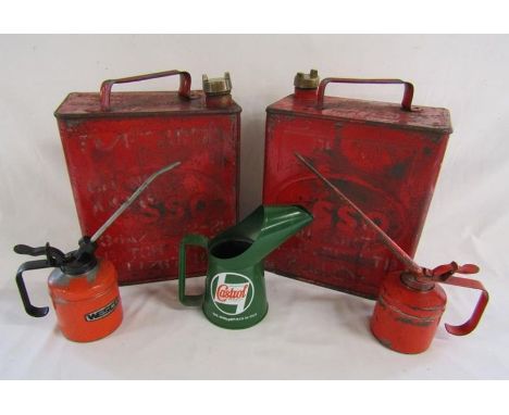 2 Esso petrol cans with brass caps and 3 oil cans includes Wesco and Castrol