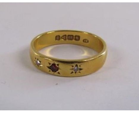 22ct gold band set with diamonds and ruby - ring size M - total weight 4.27g&nbsp;