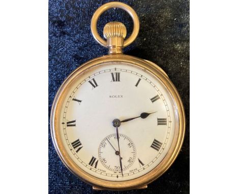 Rolex 9ct gold (stamped 375 to inner &amp; outer case) open face pocket watch hallmark 1920, with enamel dial with subsidiary