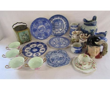 Blue and white plates to include Ringtons, Wedgwood, Spode Filigree plates also blue and white and Mason's jugs, Diamond Chin