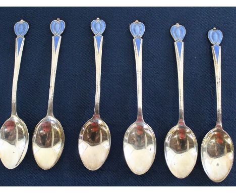 Cased set of 6 silver &amp; enamel teaspoons by Liberty &amp; Co, Birmingham 1922