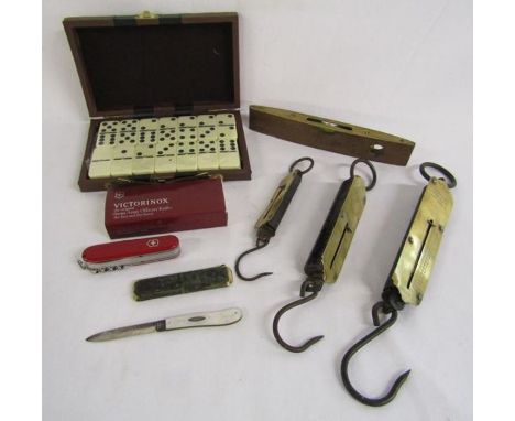 Victorinox 'Huntsman' swiss army knife, cased dominoes, Salter's and Hughes pocket balance, J.Rabone spirit level and mother 