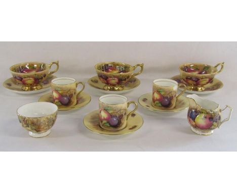 3 Aynsley Orchard Gold coffee cans with saucers (one can heavily chipped) all signed D jones - milk jug and sugar bowl and 3 