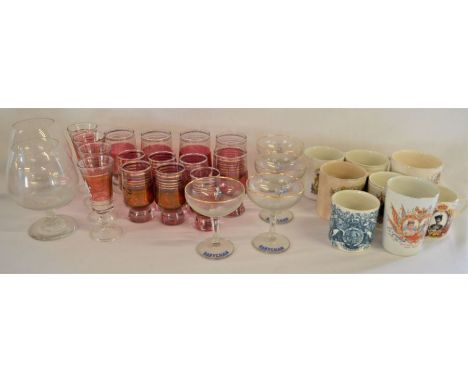 Royal commemorative ceramic ware including Queen Victoria &amp; a Spilsby mug, various glasses including Babycham