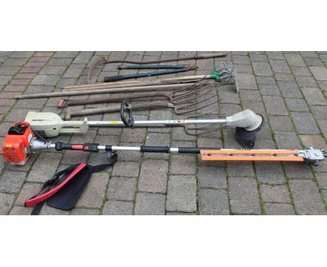 Mitox petrol hedge trimmer, Ryobi strimmer and selection of garden tools