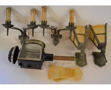 Pair of gothic style wrought iron wall lights, pair of Art Deco wall lights with spare glass panels &amp; a Victorian coach l