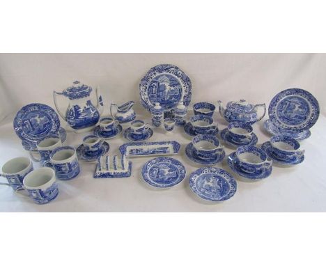 Copeland Spode old and new part coffee set with coffee cans and saucers, part tea set, mugs, milk jug, sugar bowl, toast rack