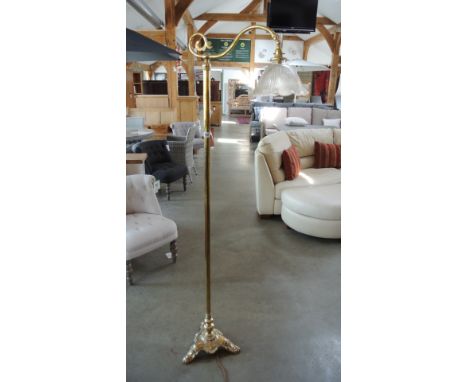 A brass standard reading lamp with holophane style shade - Height 170cm - needs to be checked by an electrician before use