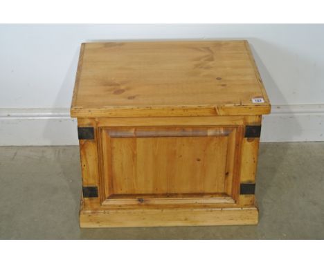 A small pine metal bound trunk with hinged lid - 54cm x 42.5cm x 42cm high