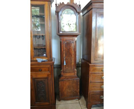 A mahogany 8 day longcase clock with painted 12 inch arched dial having secondary dial and calendar striking on a bell - Heig