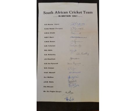 CRICKET, signed autograph sheet by 1951 South African team to England, 17 signatures inc. Nourse, Rowan, Chubb, Mann, McCarth