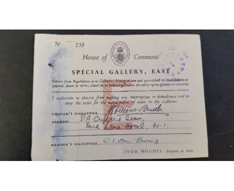 CRICKET, signed ticket for entry to House of Commons Special Gallery, by J. Fellows Smith, address given as SA Cricket Team, 