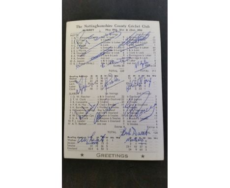 CRICKET, signed Notts Greetings postcard, with 1956 team to front and printed to reverse with scorecard for Notts v Surrey, s