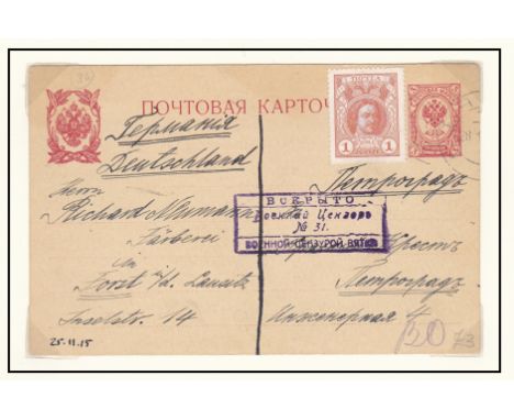 Russia 1915 Censored Mail Michel P21with SG126 added; Env to Danish Red Cross cancel13.11.1915 Viatka on SG109a x 2 &amp; SG1