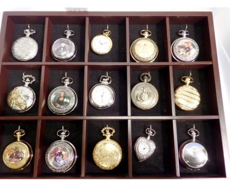 Fifteen pocket watches presented on wooden wall mounted display. UK P&amp;P Group 2 (£20+VAT for the first lot and £4+VAT for
