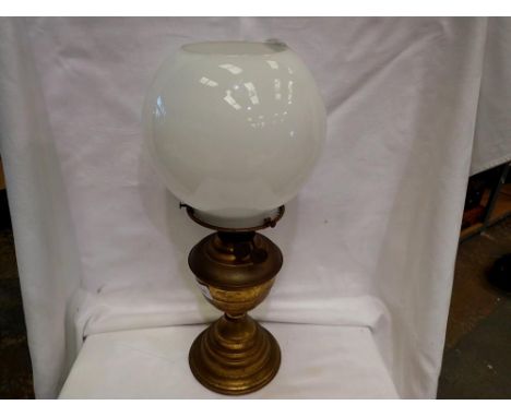 Brass oil lamp with a white glass shade. Not available for in-house P&amp;P 