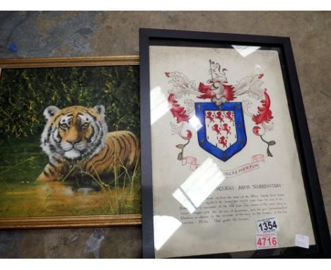 Oil on canvas of a tiger, signed R. Chadwick and a framed Warrington Coat Of Arms. Not available for in-house P&amp;P 