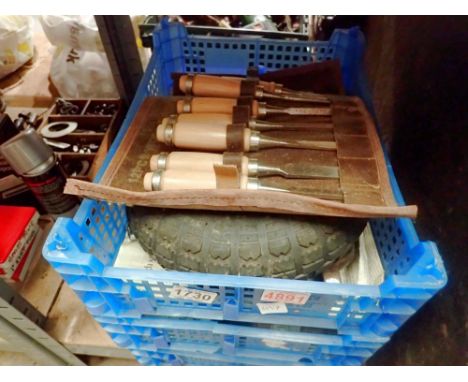 Three trays of mixed tools, including wood carving chisels and spanners. Not available for in-house P&amp;P 
