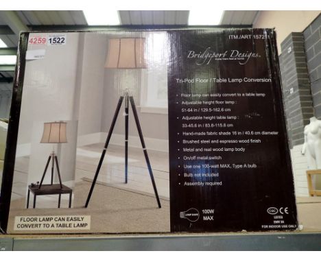 Boxed tripod floor/table lamp converter by Bridgeport Designs. Not available for in-house P&amp;P 
