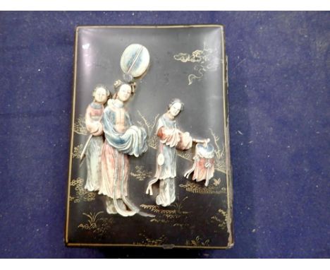 Japanese lidded box with raised figural detail to lid, 16 x 21 cm, there are some scuffs to the surface though the figures ar