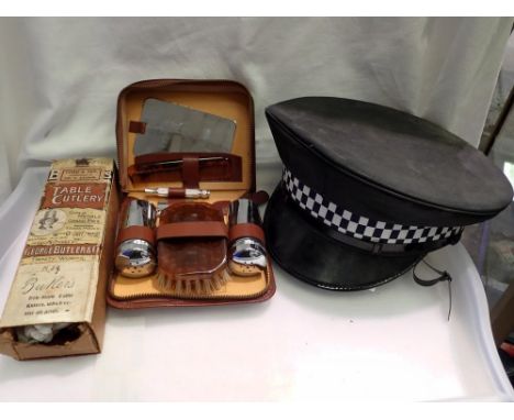 George Butler &amp; Co No39 non stain table knives and a police hat with vanity case. UK P&amp;P Group 2 (£20+VAT for the fir