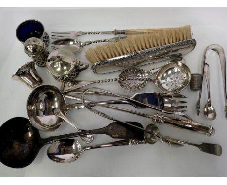 A collection of 19th and 20th century silver plated items and a silver-backed dressing brush. UK P&amp;P Group 2 (£20+VAT for
