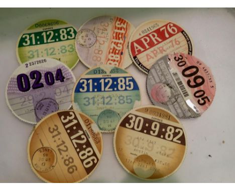 Eight vehicle tax discs, April 1976 and later. UK P&amp;P Group 0 (£6+VAT for the first lot and £1+VAT for subsequent lots) 