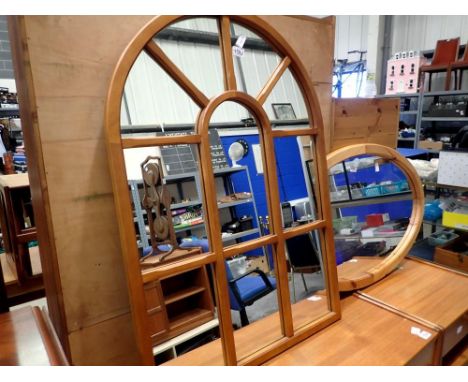 Glass panelled and oak framed wall mounted mirror. Not available for in-house P&amp;P 