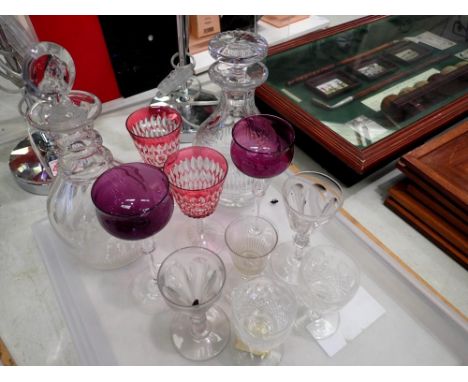 Early and coloured glass, including two mallet decanters. Not available for in-house P&amp;P 