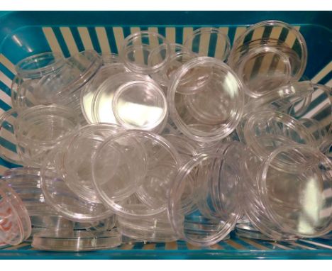 Approximately 60 coin capsules in mixed sizes. UK P&amp;P Group 1 (£16+VAT for the first lot and £2+VAT for subsequent lots) 
