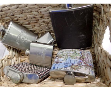 Six hip flasks, including a leather bound example. UK P&amp;P Group 2 (£20+VAT for the first lot and £4+VAT for subsequent lo