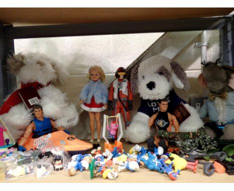Shelf of 12 inch figures ( Action Man, Star Wars and Sindy and mini figures of Smurfs, Wallace &amp; Gromit, Sesame Street ).