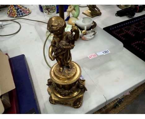 Brass lamp depicting a cherub. All electrical items in this lot have been PAT tested for safety and have passed. This does no