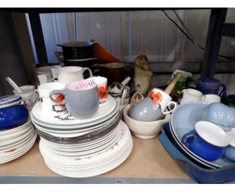 Shelf of mixed ceramics, including part dinner services and masonry ceramics. Not available for in-house P&amp;P 