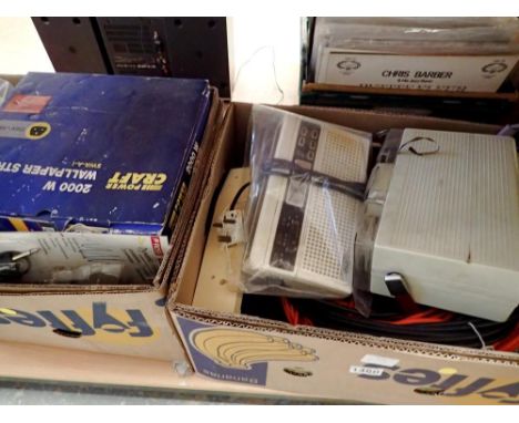 Two boxes of electrical items including tools, radio and reel to reel tape recorder. Not available for in-house P&amp;P 