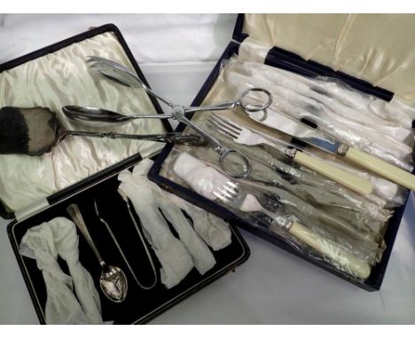 A set of six cased silver plated teaspoons with tongs and further flatware. UK P&amp;P Group 2 (£20+VAT for the first lot and
